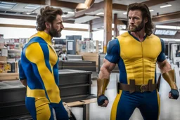 Wayne from Letterkenny cosplaying as Marvel's Wolverine. He is wearing the blue and yellow costume