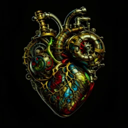 MULTICOLORED COMPLIMENTARY MECHANICAL HUMAN HEART, METALLIC, CLOCKWERK, STEAMPUNK, ANATOMICALLY CORRECT, RETROFUTURISTIC, CINEMATIC, DRAWN BY DAVINCI,