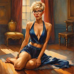 full length low angle airbrush portrait of young barefoot woman standing legs apart, wearing crop top and silk shorts with blond hair in pixie haircut, tan complexion, and wireframe glasses, sapphire pendant, confident expression, by pino daeni bare feet resting on hardwood floor, in opulent parlor with antiques, relief hangings, and a crystal decanter, perfect toes, pedicure