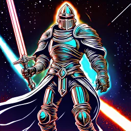 90's retro fantasy art of a heroic space knight with laser sword