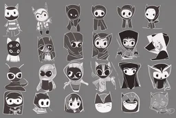 6 simple shaped hand drawn cartoon characters that are cute dark and have hoodies