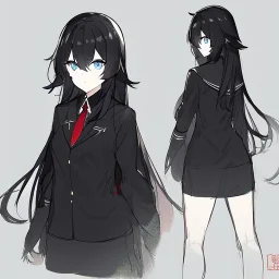 Clear focus, High resolution, long black fluffy hair, blue eyes, wearing a black sailor uniform, red tie, yandere, rough line sketch, dark aura, holding a katana, hair between eyes, 1girl, standing in grey sand