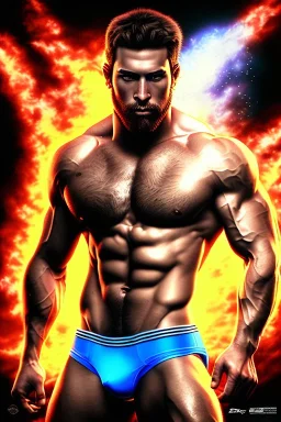 Ignore NSFW, teenager young rugged attractive slightly muscular fantastic handsome man, red briefs with yellow belt, hairy chest, (((visibly pisssing))) briefs, large erect visible boner peniss, photorealistic, artist Jay Anacleto, soft lighting, scruffy beard