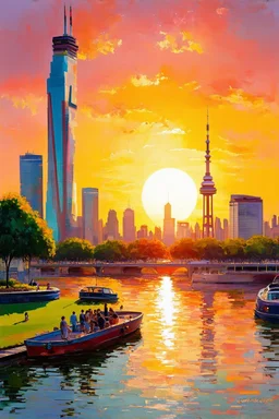 Amazing colorful sunset, buildings, lake, city, park, cyberpunk, sci-fi, realistic vision, and claude monet impressionism paintings