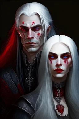 A couple, from the dnd game curse of Strahd. The woman has long white hair and blue eyes, the man has LONG BLACK hair and red eyes, no facial hair.