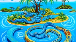 A sky blue colored island with friendly snakes designed in Australian aboriginal art painted by Paul Gauguin