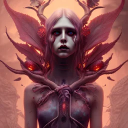 singer Danish MØ face, red tones, nice cyberpunk, dark tones, high lighting, Dryad, fae, sidhe, ominous, nature, plants, wildflower, facepaint, intricate, oil on canvas, 8k, macro photography,