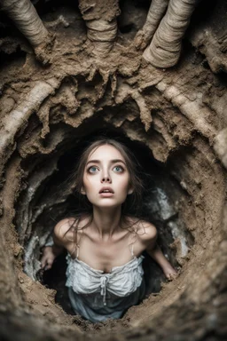 Closeup Girl siren with big eyes, fullbody, ragged clothes, extended like roots, the perspective looking up from the bottom of an empty well ,8k,macro photography,