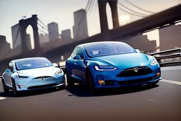 A Tesla 'Model 3' is going at a high speed, on the 'FDR Drive', eastern Manhattan. (CINEMATIC, WIDE ANGLE LENS, PHOTO REAL)