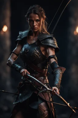 female warrior aiming a bow and arrow wearing leather half armour dark fantasy Realistic 4k