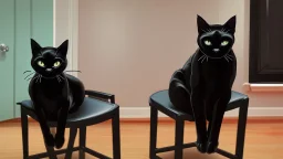 A black cat sitting on a chair in a room.