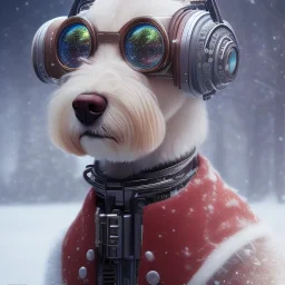 Cyberpunk Portrait of cyborg dog child with brown hair and with cute face, north pole snowy vibe , perfect composition, hyperrealistic, super detailed, 8k, high quality, trending art, trending on artstation, sharp focus, studio photo, intricate details, highly detailed, by greg rutkowski