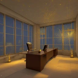 3d render of lawyer office, showing through the big glass windows the new year fireworks autside, hyper realistic, 4k