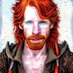 Portrait of young Courtney Gains as a ruggedly handsome, joyful, roguish pirate, charismatic, attractive male, masculine, perfect, precisely detailed clear eyes, unblemished, flawless skin, softly freckled face; meticulously detailed multi-hued ginger carrot-colored cherry fire red hair; fantasy, intricate, elegant, highly detailed, digital painting, concept art, matte, sharp focus, illustration, art by artgerm and greg rutkowski and alphonse mucha