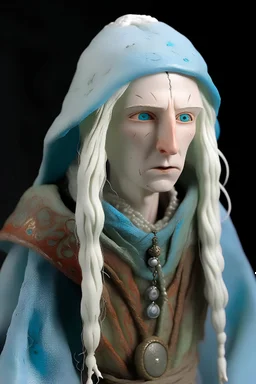 Druido dell'acqua, hobbit, alta 30 cm, albina, occhi grandi e neri con all'interno puntini verdi, con la vitiligine (macchie rosse su tutto il corpo), capelli bianchi raccolti in treccia, con addosso un poncho blu col cappuccio