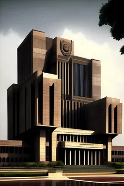 Modern Architectural style for building of India's military Headquarters, make it visibly military and intelligence style at the same time similar to Indian Architecture, use darker colors, make it wider and not much taller