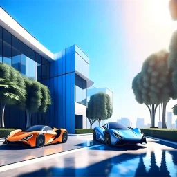 Modern apartment on the outskirts of a metropolitan city, with 2 supercars in the garage, with a beautiful background of the city, there are several trees next to it, it has a very strong impression, 3d rendering