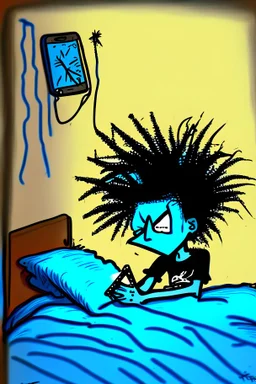 2d drawing of a stickman, laying in bed, cool with punk hair, just woke up, reaching for cellphone next to bed ,3d realistic in colour