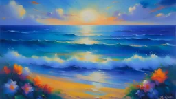 A vibrant oil painting that captures the ecstatic essence of deep blue summer perfume, with intricate brush strokes and rich colors. The scene includes a serene beach at sunset, with waves gently crashing against the shore and a warm breeze carrying the scent of flowers. The suffix adds a dreamlike quality to the painting, enhancing the feeling of tranquility and happiness.