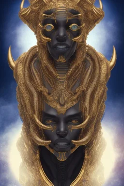 black male African Egyptian alien, cracks in the voodoo head, wicked, eyes, crown, Elephant, 8k, finely detailed, photo realistic, tiger turquoise skull head gold dragon space alien snow skeleton gold teeth silver crown silver space face mask