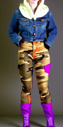 Bright-color-haired woman.fit,slim but thick thighs,thick calves,flat belly,bent fell, thin. Mantle is sewed of upcycled Denim and sewed together of camouflage pieces. Pieces' color are orange, cream and purple. Cream latex gaiters.It is with big bright purple felt tippet and cream-colored-hood. mantle has a hood. Big AKG-style headphones (gold rings!) is merged with small felt cap with small visor. Style: Haute Couture in 1940's, N.Y.C fashion in 1990's, inspired by street art.