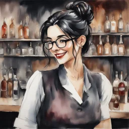 sophisticated bespectacled smiling female bartender in a Ritzy wine bar, well dressed long black hair worn up in a stylish bun with one lock of hair hanging over her face, dark mahogany bar and shelving, watercolor and ink painting, by Helen Cottle, dramatic, beautiful, smooth, hyperreal