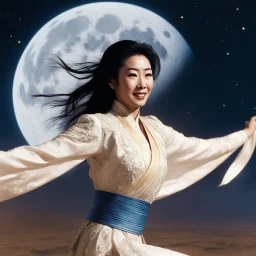 [vintage style noisy scratches glitches, Shot the texture and then rewound the film and double exposed the face] Michelle Yeoh unleashed a Mawashi Geri with unparalleled grace and power. Suspended in the void next to a magnificent planet with a large moon casting its ethereal glow, she moved with the precision of a celestial dancer. Her every movement was a testament to her martial prowess, a mesmerizing display of skill and artistry that defied the laws of gravity.