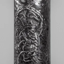 fantasy, digital art, large cylinder, object, bounded by chains, metallic, dark metal, ruby encrustations, massive, engravings