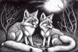 As twilight descends, the foxes awaken. Known for their sly and clever nature they prepare for their nocturnal adventures. - Pencil drawing.