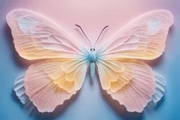 contorni di farfalla a gigante trasparente su sfondo sfumato di rosa e azzurro chiari e tanti raggi bianchi e gialli al centro