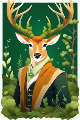 Beautiful Irish Man, ginger hair, freckles, anime style, deer ears, deer antlers, moss and fairy tokens on antlers, deer fur on shoulders and arms, fangs, highly detailed, high details, detailed portrait, zoom out, don't cut off top of image