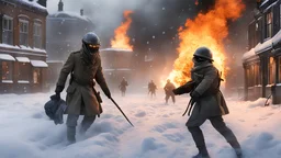 ALIEN CREATURE fighting with a British WORLD WAR ONE soldier whose uniform is on fire, a snowy london street 1898, the snow, SNOW ON THE GROUND, BURNING DEBRI LIES ALL AROUND, PHOTO REALISTIC, EPIC, CINEMATIC