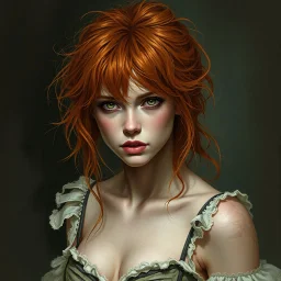 a pretty fantasy woman, young, messy ginger hair, troubled, dark fantasy art