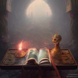 mdjrny-v4 style, magic spell book sitting on a table in the catacombs, hypermaximalist, insanely detailed and intricate, octane render, unreal engine, 8k, by greg rutkowski and Peter Mohrbacher and magali villeneuve