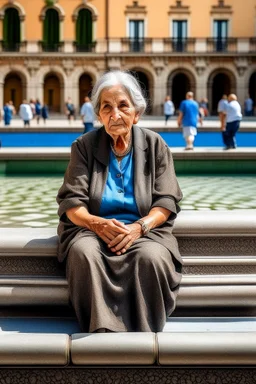 An old Italian woman sits on a wooden bench opposite a fountain in a large square in Rome