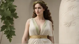 [an alluring 30 years old woman] goddess Aphrodite is a living being in flesh, she walks in linen tunic in the new Pinault Collection Museum, with olive green laurels leafs in her hear, she is lost and sad