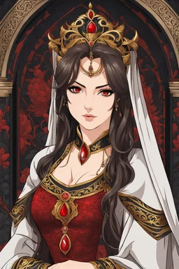 woman with long brown hair and red eyes, medieval concubine, anime style, highly detailed, intricate background, red and black clothes, confident, arrogant