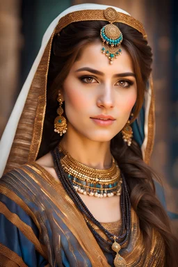 Incredibaly beautiful portrait of incredibly graceful Kurdish ancient girl, brown hair, remarkable nuance of color reflecting the Iraqi culture despotic impression, appealing photorealistic photography, in front of ancient Bazar, 8 k resolution image, 256 megapixels quality, sophisticed dress of Mesopotamian folklore