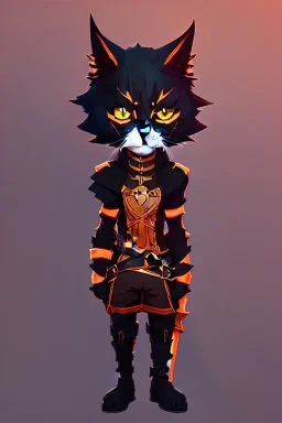 cat 2d, knight, ninja, black fur,full body, orange torn coat,game character, strong, anime, chibi