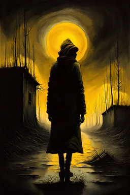 A surreal homeless female wander in the style of Zdzislaw Beksinski, and Yves Tanguy, , dark luminous colors and aesthetic.