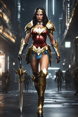 Full body ,beautiful wonder woman ultra advanced warframe with the whole and full body full armor with ultra sophisticated machine compagnon ultra high resolution and details,walk in street city bussy