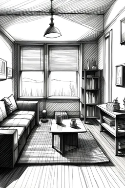 small living room 4 point perspective shading with pen ink