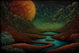 Alien land with elegant geometric nature, meander art style Black River, deep colors, beautiful flowing natural surrealism, Art by Andy Kehoe, highly detailed, expansive, intricate, clarity, high quality digital painting, highly detailed.