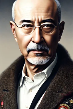 Detailed portrait of a bald bruce davidson with brown eyes, intricate details, full body portrait, keep head in frame, slight smile, black Japanese motif, concept art, highly detailed, digital painting, concept art, sharp focus, illustration, art by Yoji Shinkawa, WLOP and greg rutkowski and alphonse mucha and artgerm and yanjun Chen and Junji ito and Makoto Shinkai, HDR, octane render