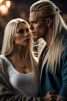 stunningly handsome viking, muscular, long blonde hair, male age 30, wearing jeans and a longsleeved white shirt, tan skin, tattoos, whispering in ear of young blonde woman, with long hair, wearing a sweatshirt. fantasy, hyper realisticphotorealistic 4k, dark fantasy