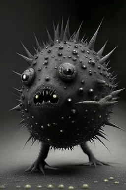 Solid spherical creature, four black eyes, very small mouth, lighting body, The creature is gray iron, without dots, without thorns, wearing worrier shoes, smoke from the head, high details, stunning realistic photograph