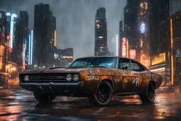 photo of a retrofitted cyberpunk 1969 Dodge Charger R/T model with (heavily battered:1.6) and rusty body, special assembly parts fitted to the hood and roof, (black windscreens:1.7), thin LED headlights and rusty dark rims, menacing car style, cyberpunk city scene in background, towering skyscrapers, heavy rain