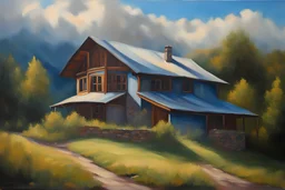 House in the mountain, clouds deep blue shadows, oilpainting, deep soft colors , highly detailed, very attractive, beautiful, light reflections