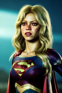 portrait, Shakira, make-up, angry, Realistic image, superhero, retro style, 70s, supergirl, blood, sweat, fog, goddess. Color background, photo studio, concept art, smooth, unreal engine 5, god lights, ray tracing, RTX, lumen lighting, ultra detail, volumetric lighting, 3d, finely drawn, high definition, 4k.