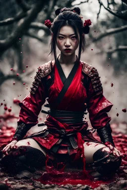 Tall girl samurai, siting pose, fullbody, splashes blood, behind guts rising from the ground, intricate, darkred tones, macro photography,